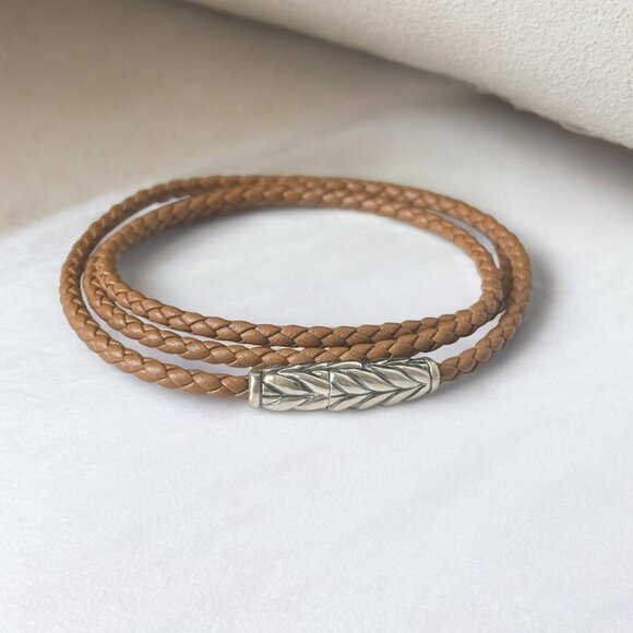 David Yurman Sterling Silver Chevron Triple Brown Leather Bracelet